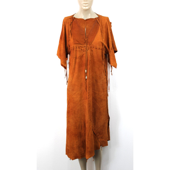 Vintage Skin Hide Leather Handmade Native American Style Dress Beads Fringed O/S - Picture 1 of 16